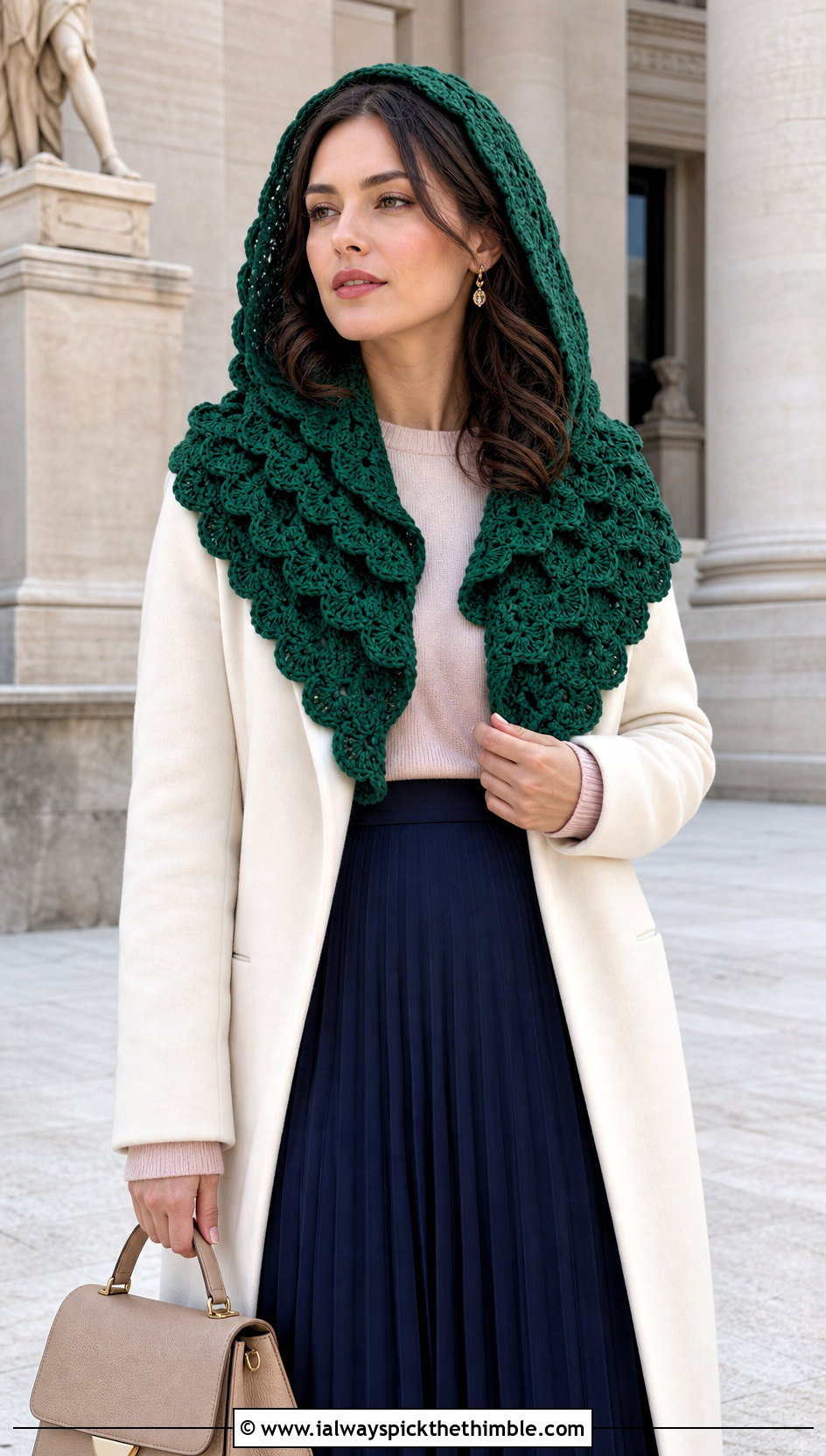 Shell Stitch Hooded Scarf With Pleated Midi Skirt - 25 crochet hood scarf outfit ideas