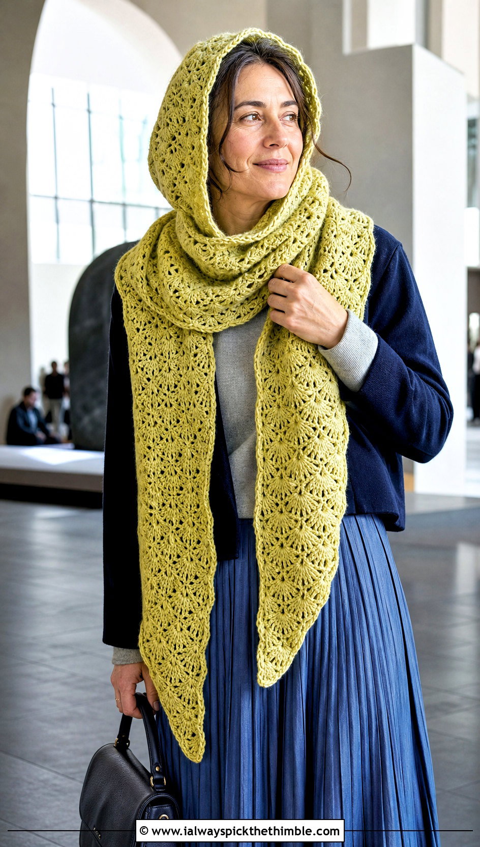 Shell Stitch Hooded Scarf With Pleated Skirt - 20 Crochet Hoodie Scarf outfit ideas