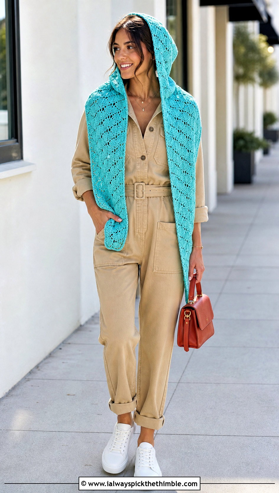 Shell Stitch Hooded Scarf With Utility Jumpsuit - 20 crochet scarf hood outfit ideas