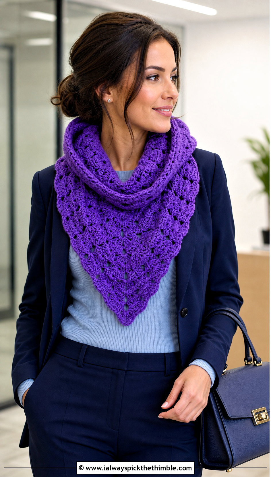 Shell Stitch Hooded Triangle Crochet Scarf With Blazer - 20 Hooded Triangle Crochet Scarf outfit ideas