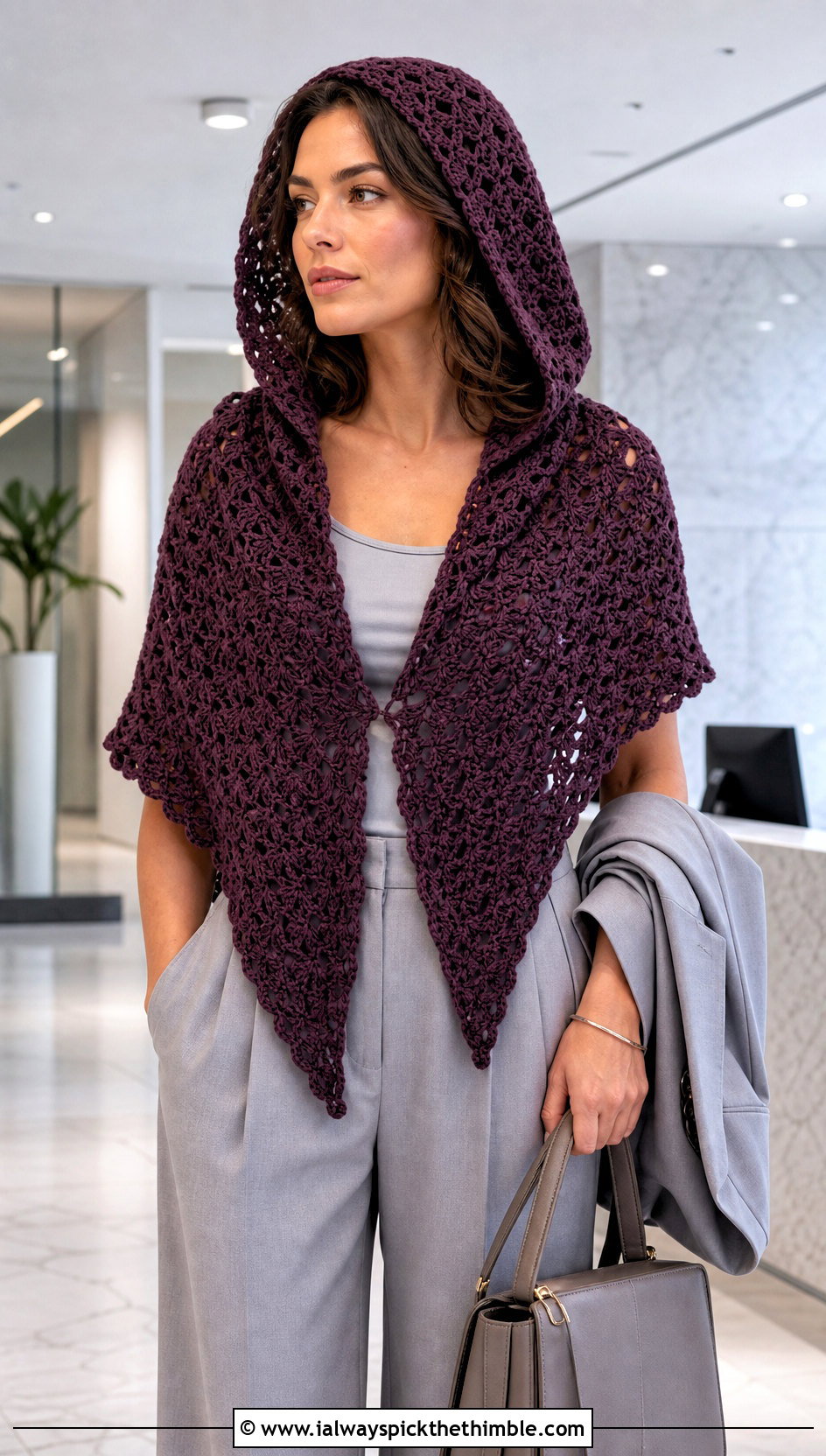 Shell Stitch Hooded Triangle Crochet Shawl With Wide Leg Suiting - 20 Hooded Triangle Crochet Shawl outfit ideas
