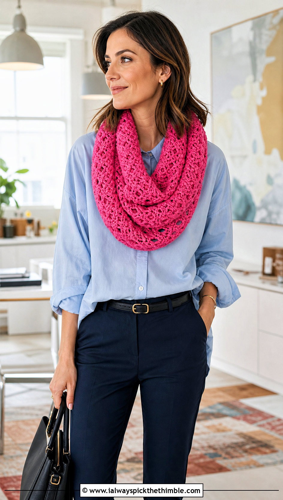 Shell Stitch Infinity Crochet Scarf With Button Down Shirt - 15 Infinity Crochet Scarf outfit ideas