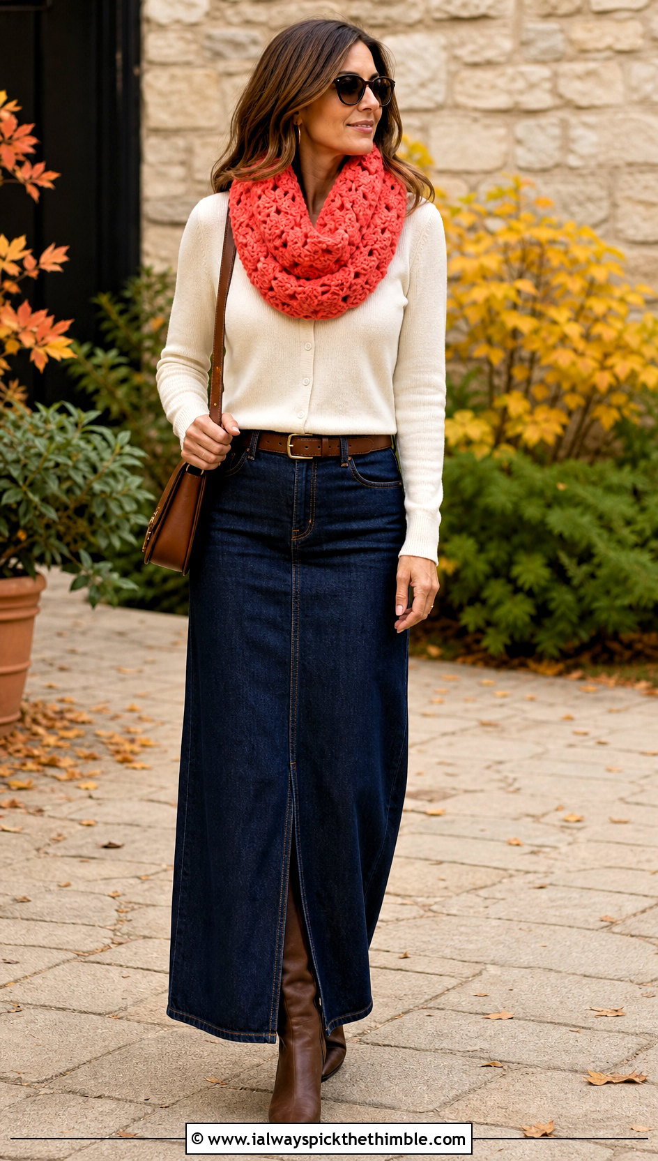 Shell Stitch Infinity Scarf With Denim Maxi Skirt - 20 Beginner Crochet Infinity Scarf outfit ideas