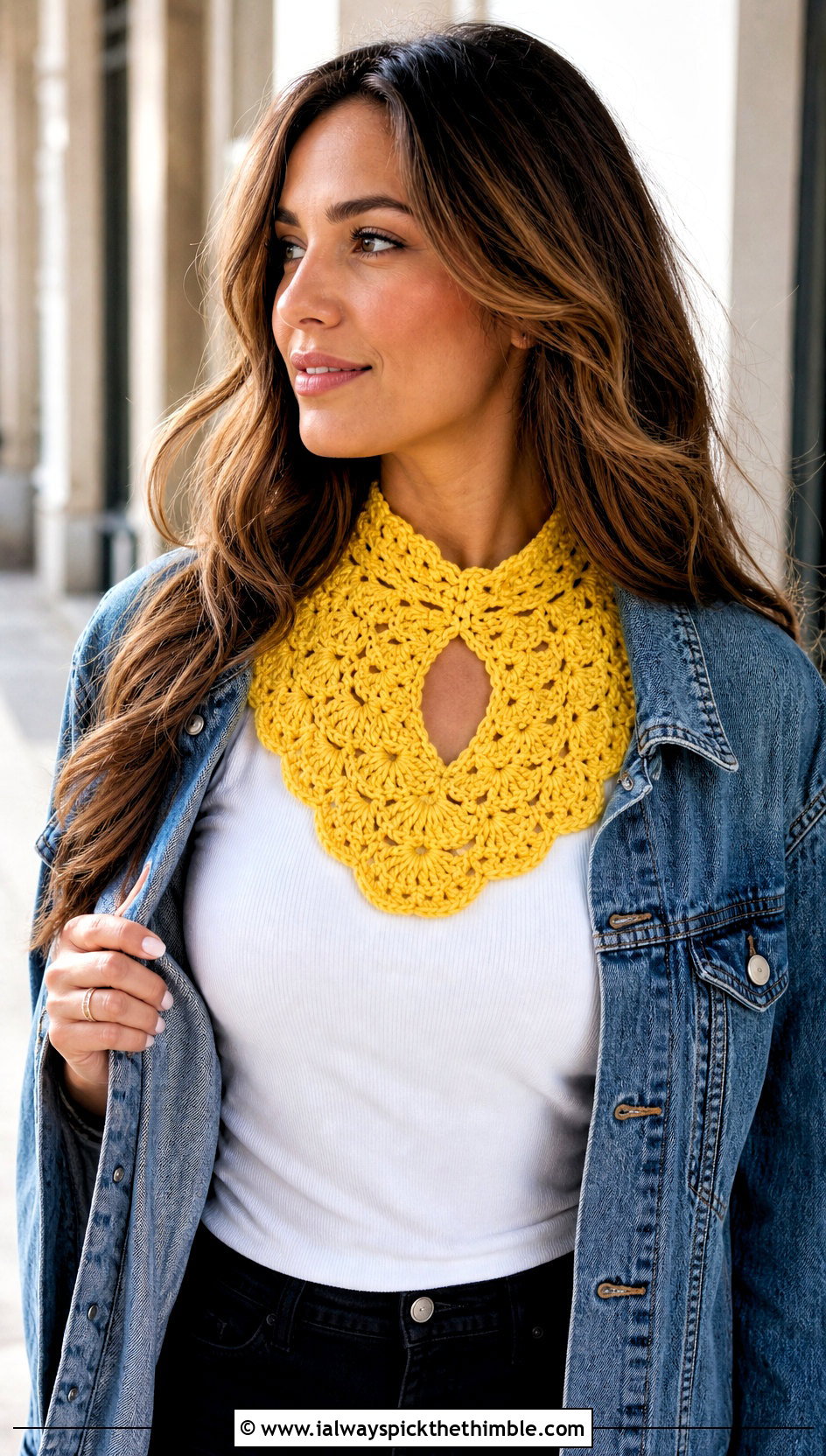 Shell Stitch Keyhole Crochet Scarf With Denim Jacket - 20 Keyhole Crochet Scarf outfit ideas