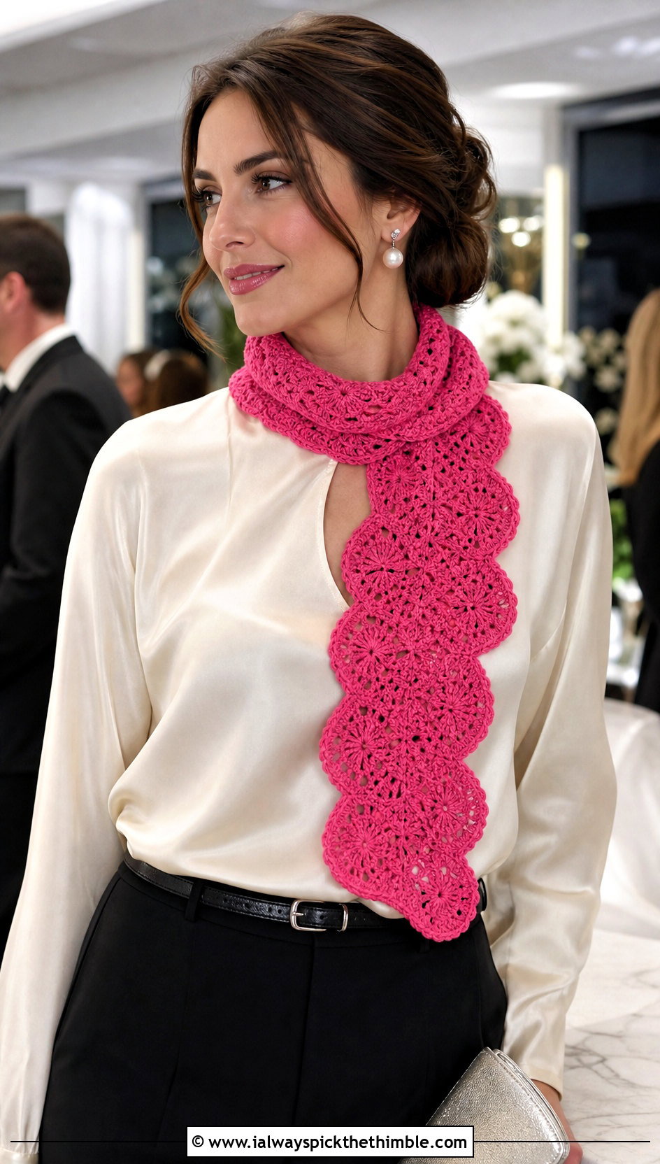 Shell Stitch Keyhole Scarf With Satin Blouse - 15 Crocheted Keyhole Scarf outfit ideas
