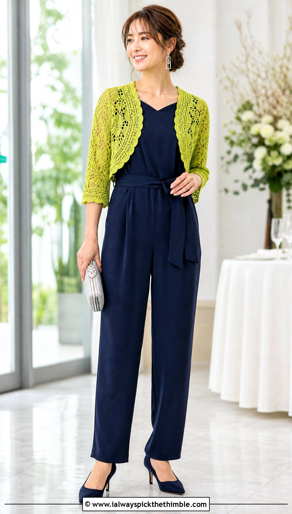 Shell Stitch Lace Bolero Cardigan With Jumpsuit - 25 crochet lace cardigan outfit ideas