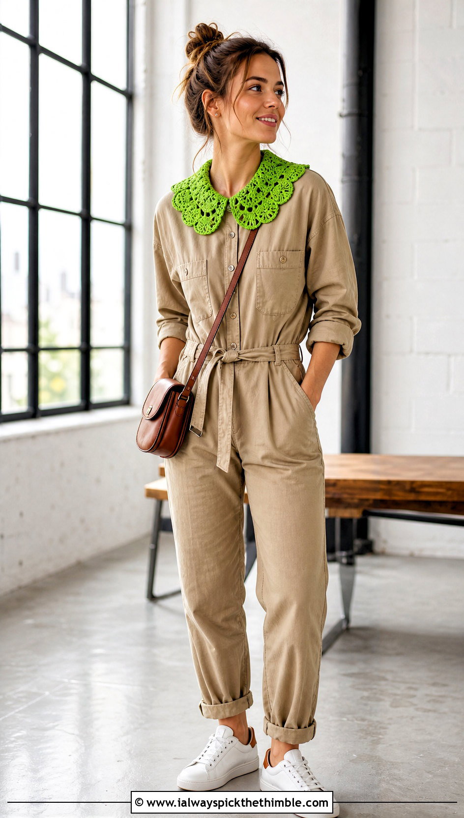 Shell Stitch Lace Crochet Collar With Utility Jumpsuit - 20 Lace Crochet Collar outfit ideas