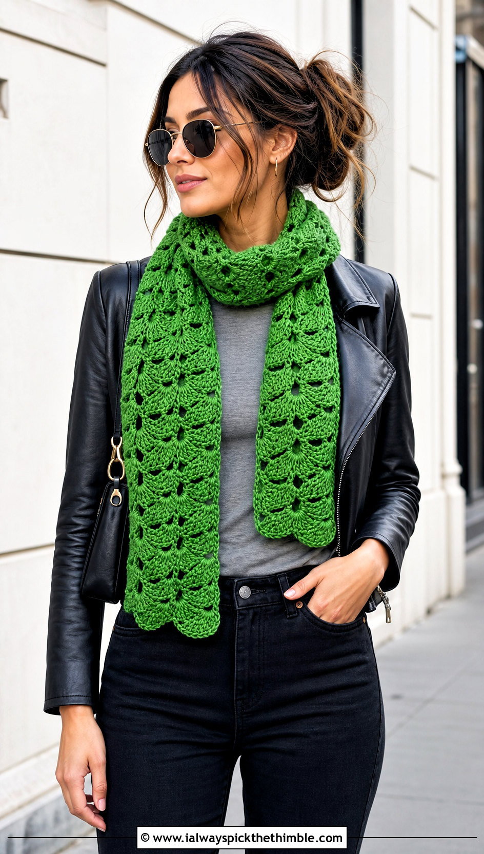 Shell Stitch Lace Crochet Scarf With Leather Jacket And Black Jeans - 15 Lacy Crochet Scarf outfit ideas