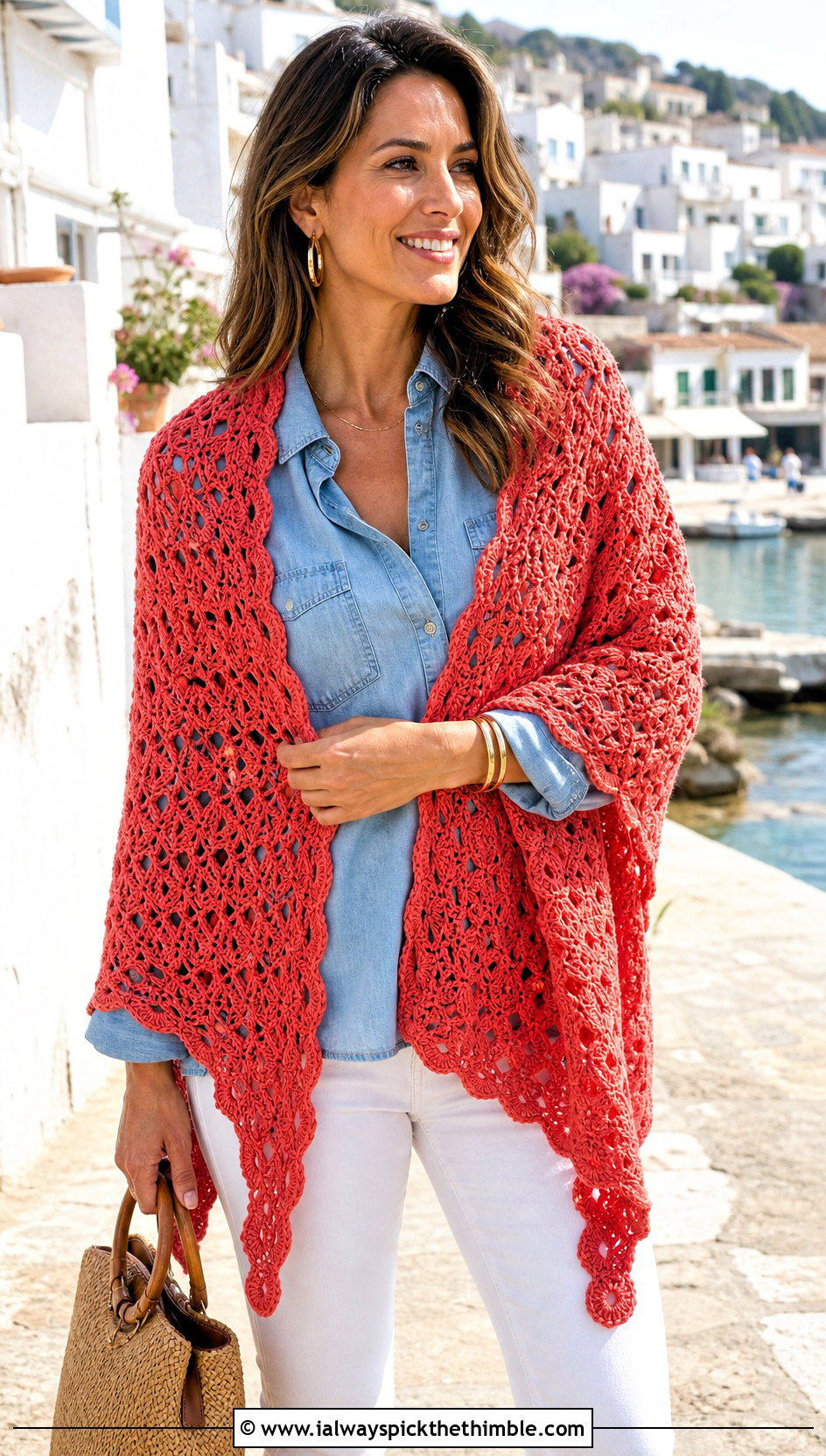 Shell Stitch Lace Crochet Shawl With White Denim - 20 Lace Crochet Shawl outfit ideas
