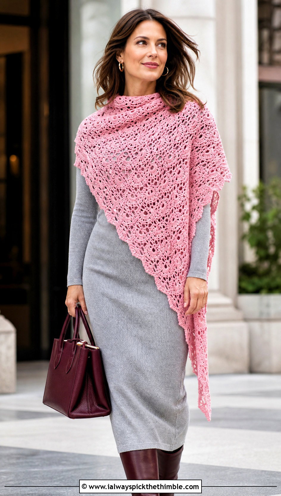Shell Stitch Lace Triangle Shawl With Knit Dress And Boots - 20 Crochet Lace Triangle Shawl outfit ideas