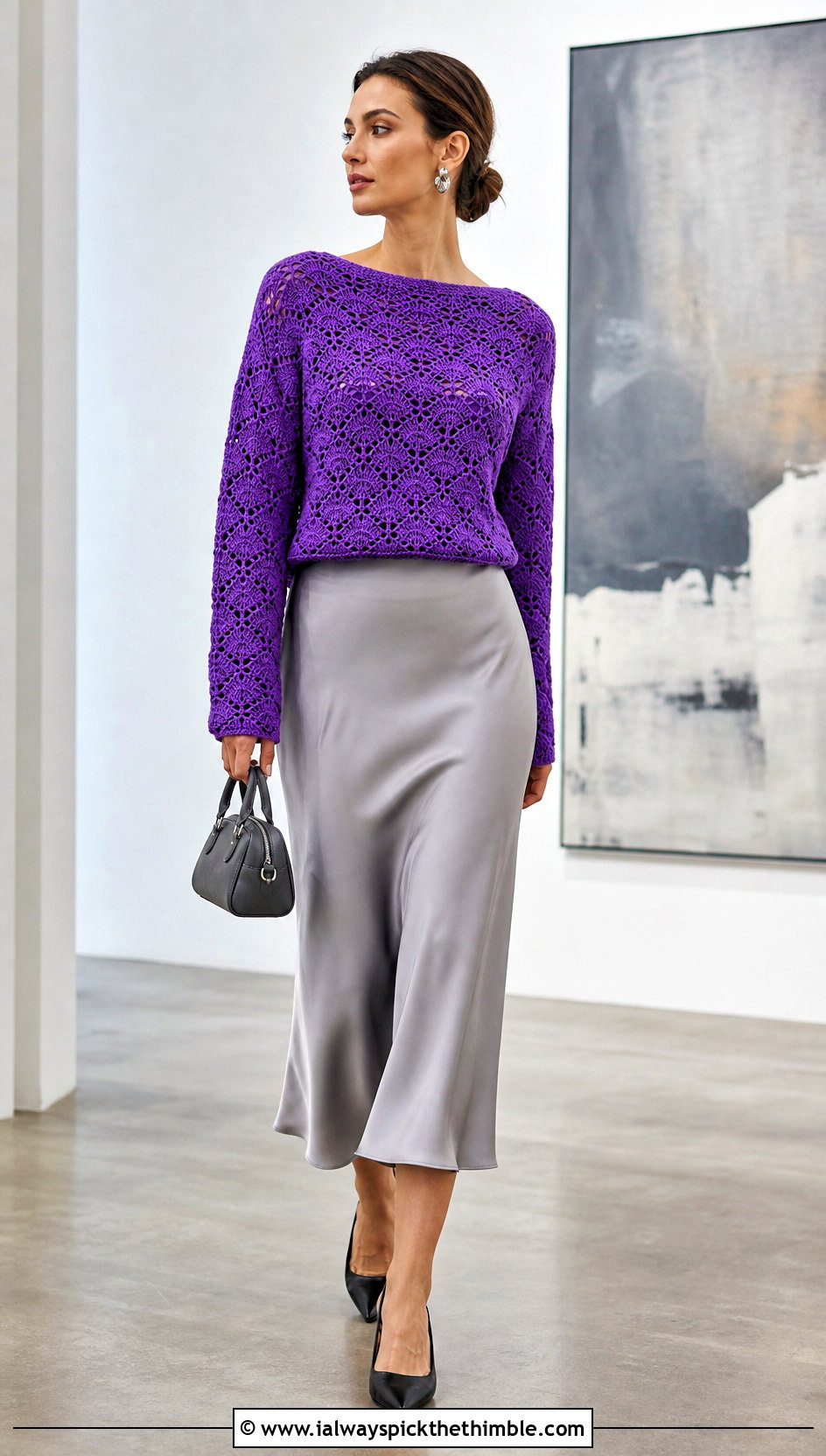 Shell Stitch Lace Weight Crochet Sweater With Satin Midi Skirt - 15 Lace Weight Crochet Sweater outfit ideas