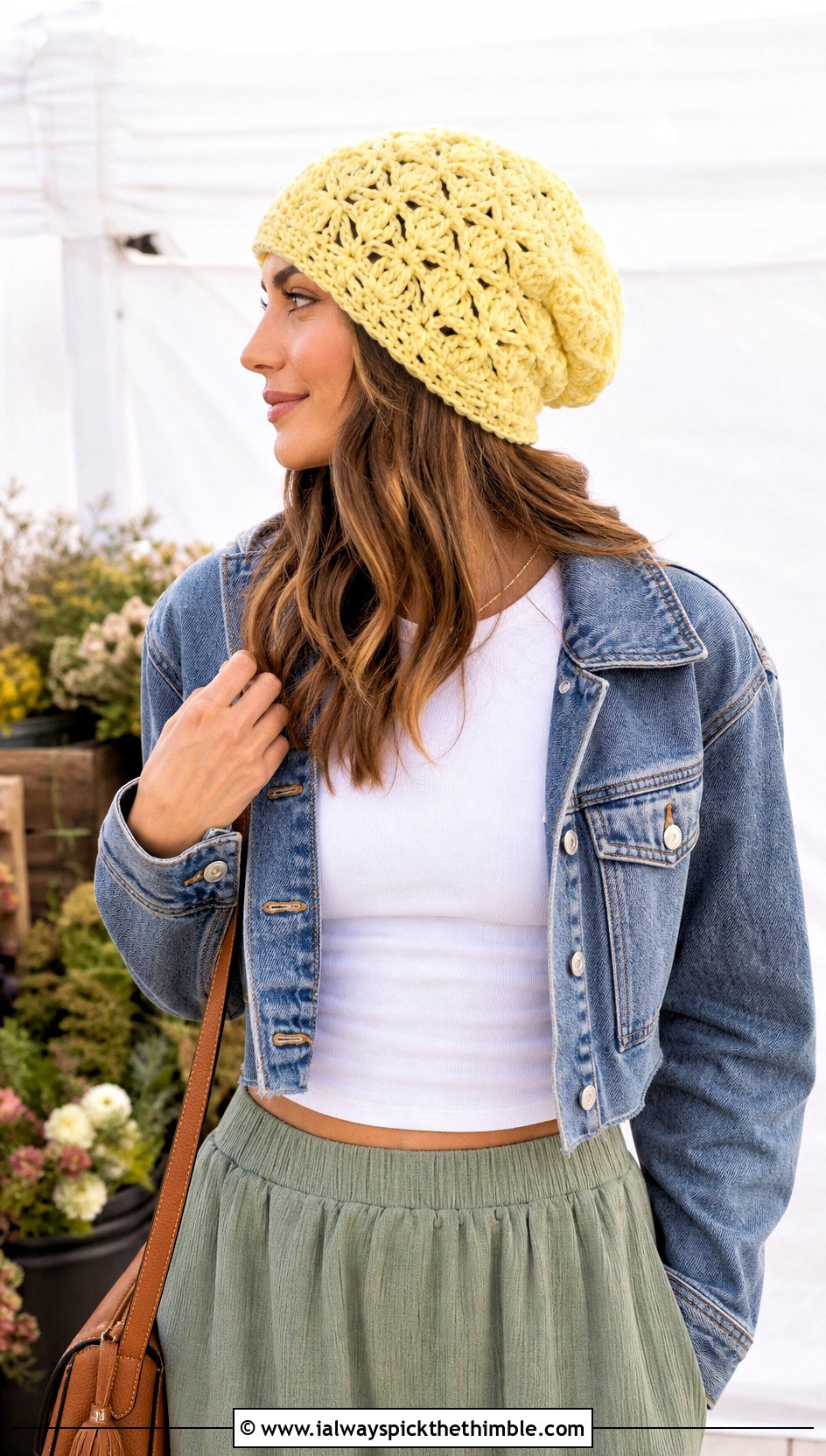 Shell Stitch Large Crochet Beanie With Denim Jacket And Maxi Skirt - 15 large crochet beanie outfit ideas