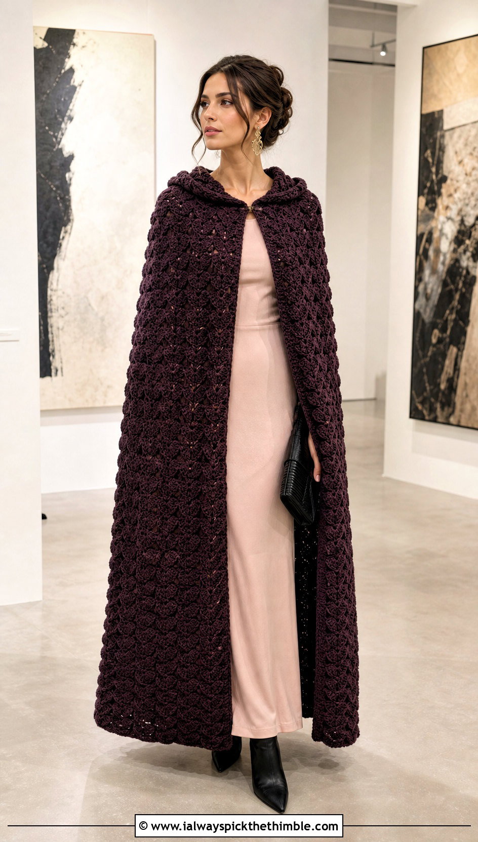 Shell Stitch Long Hooded Crochet Cape With Column Dress - 20 Long Hooded Crochet Cape outfit ideas