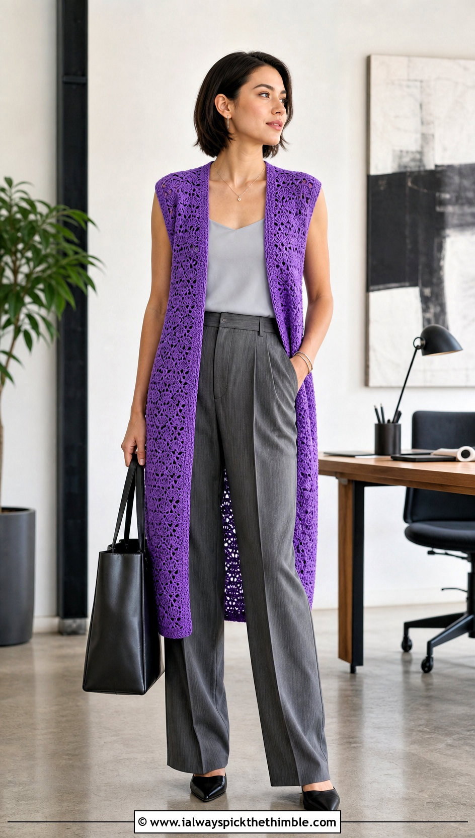 Shell Stitch Longline Crochet Vest With Tailored Trousers - 15 Boho Style Crochet Vest outfit ideas