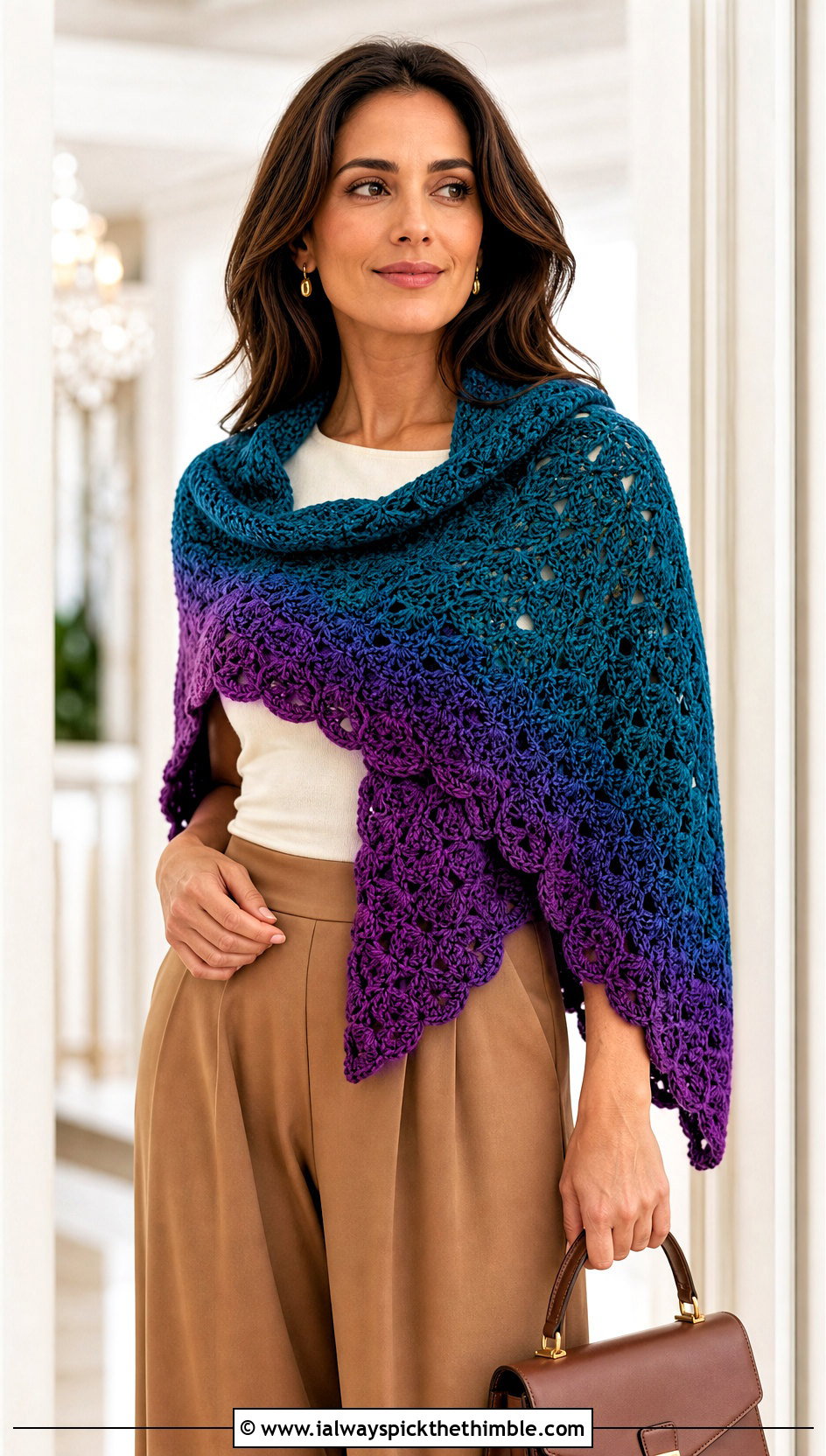 Shell Stitch Mandala Yarn Crochet Shawl With Wide Leg Trousers - 20 Mandala Yarn Crochet Shawl outfit ideas