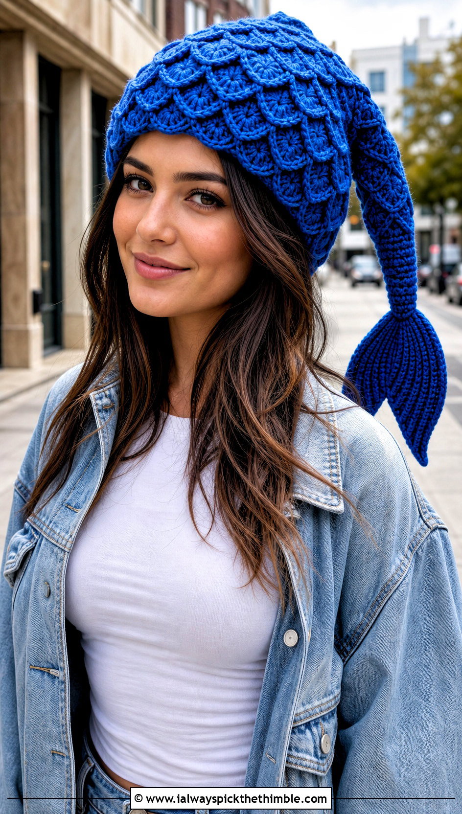 Shell Stitch Mermaid Tail Crochet Hat With Denim Jacket - 15 Mermaid Tail Crochet Hat outfit ideas