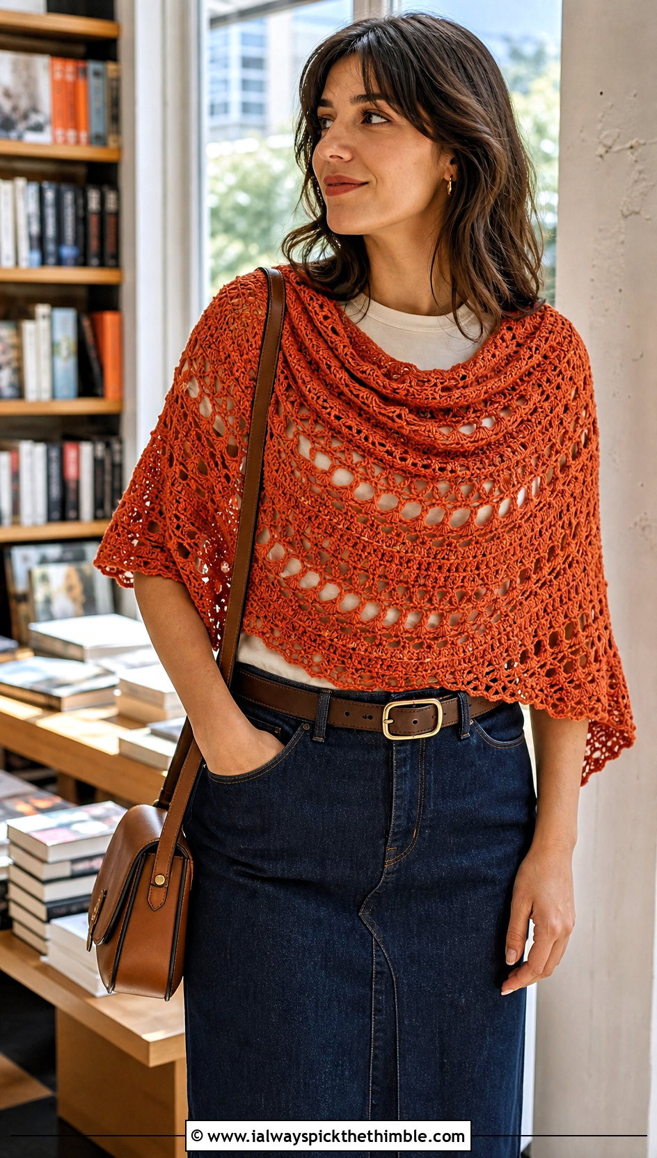 Shell Stitch Mesh Triangle Shawl With Denim Maxi Skirt - 20 Crochet Mesh Triangle Shawl outfit ideas