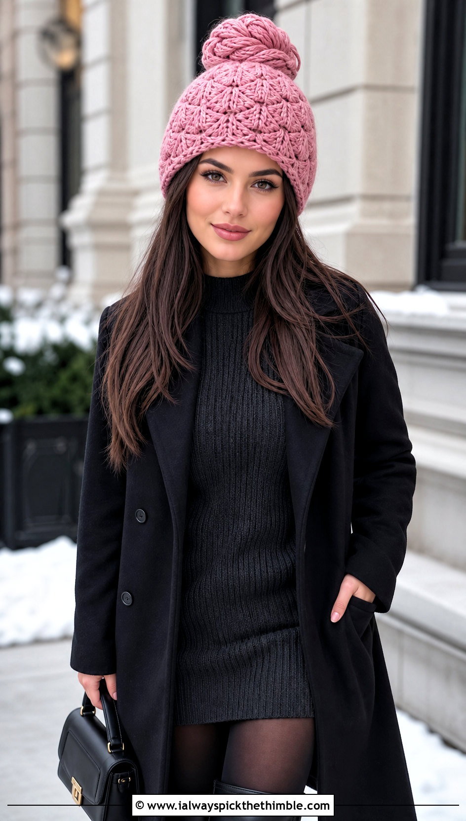 Shell Stitch Messy Bun Crochet Beanie With Sweater Dress - 20 easy messy bun crochet beanie outfit ideas