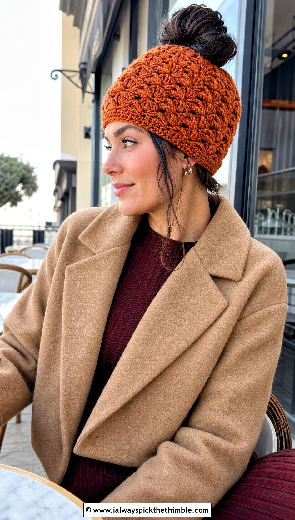 Shell Stitch Messy Bun Crochet Hat With Midi Dress - 20 messy bun crochet hat with hair tie outfit ideas