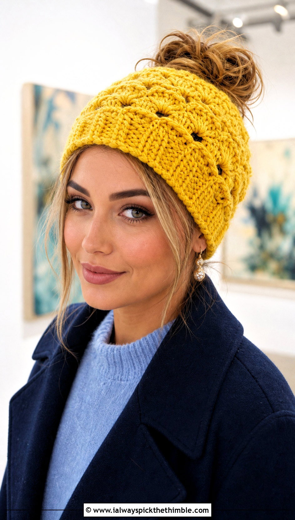 Shell Stitch Messy Bun Crochet Hat With Sweater Dress - 25 crochet messy bun hat outfit ideas