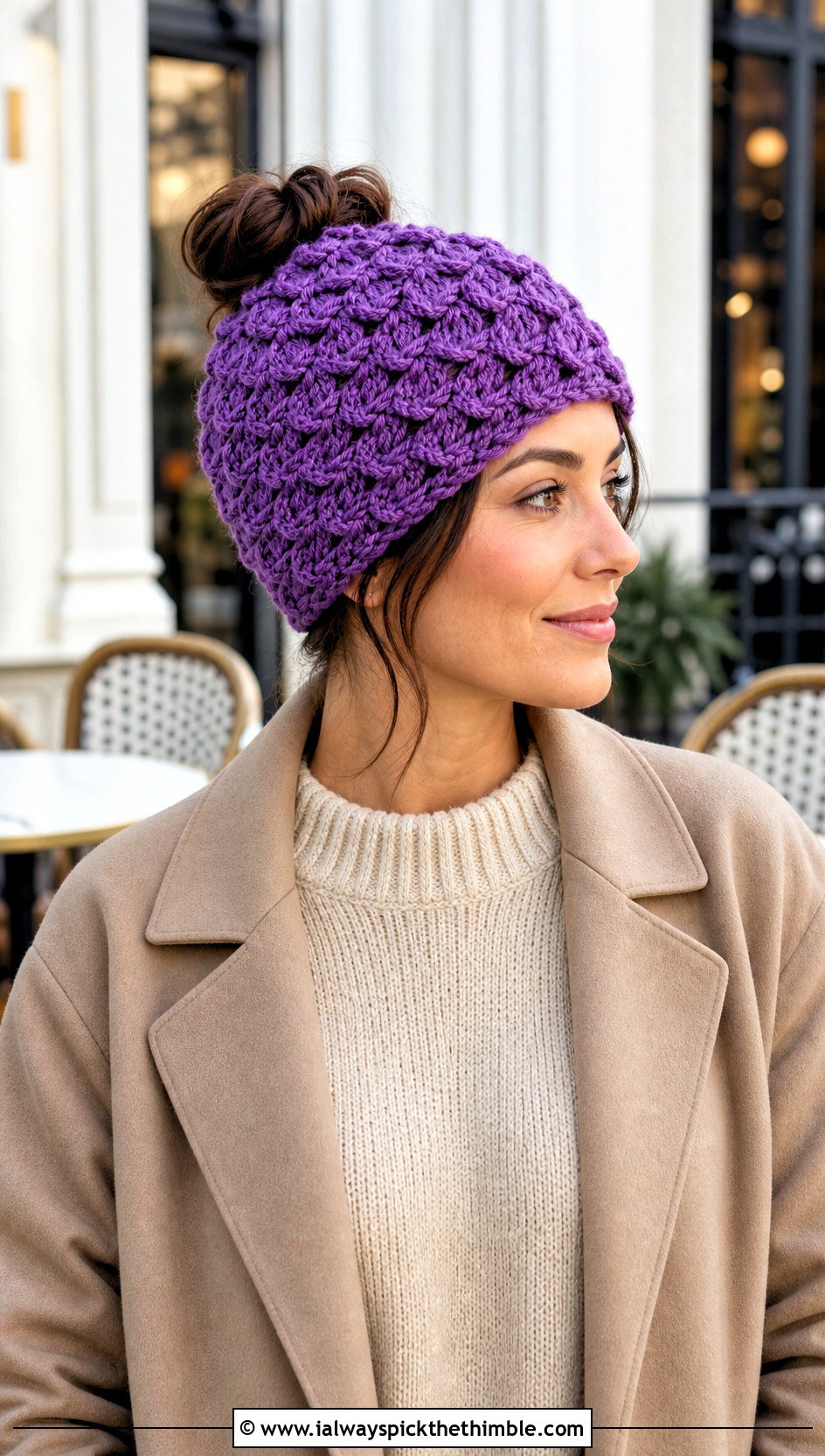Shell Stitch Messy Bun Crochet Hat With Sweater Dress - 20 Messy Bun Crochet Hat outfit ideas