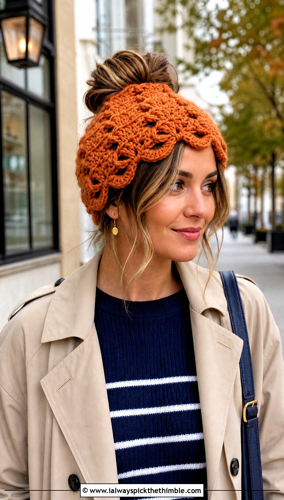 Shell Stitch Messy Bun Crochet Hat With Trench Coat - 20 Easy Messy Bun Crochet Hat outfit ideas