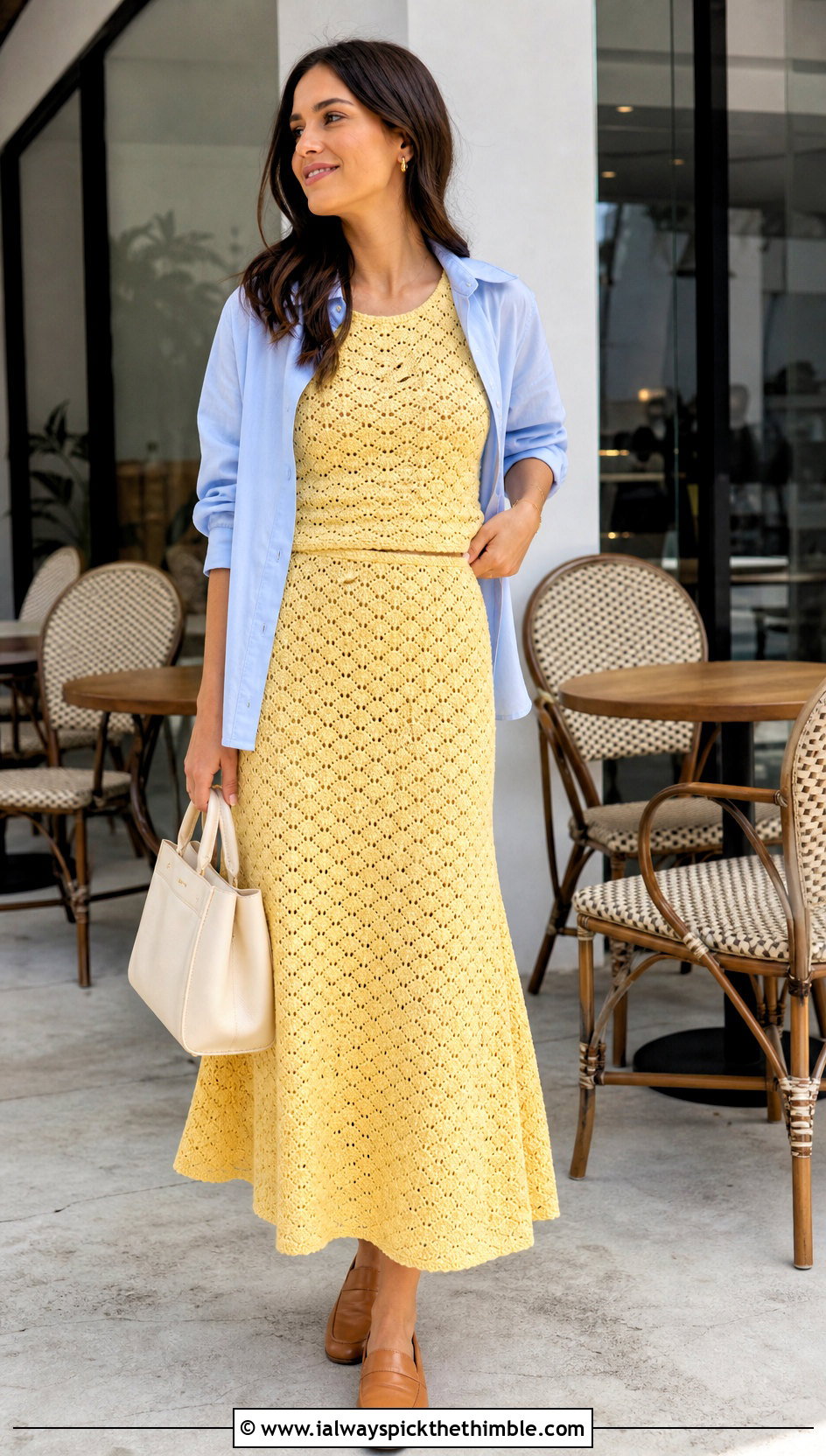 Shell Stitch Midi Crochet Skirt Set With Poplin Shirt - 25 Crochet Skirts Set Outfit ideas