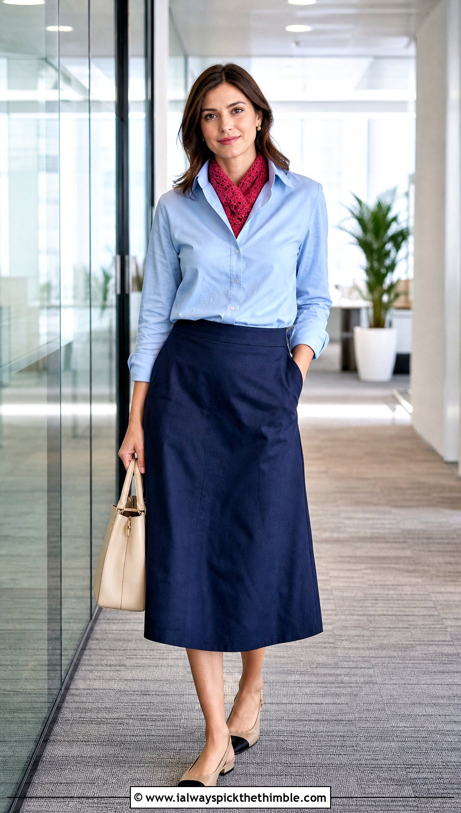 Shell Stitch Mini Crochet Scarf With Button Down Shirt And Midi Skirt - 20 mini crochet scarf outfit ideas