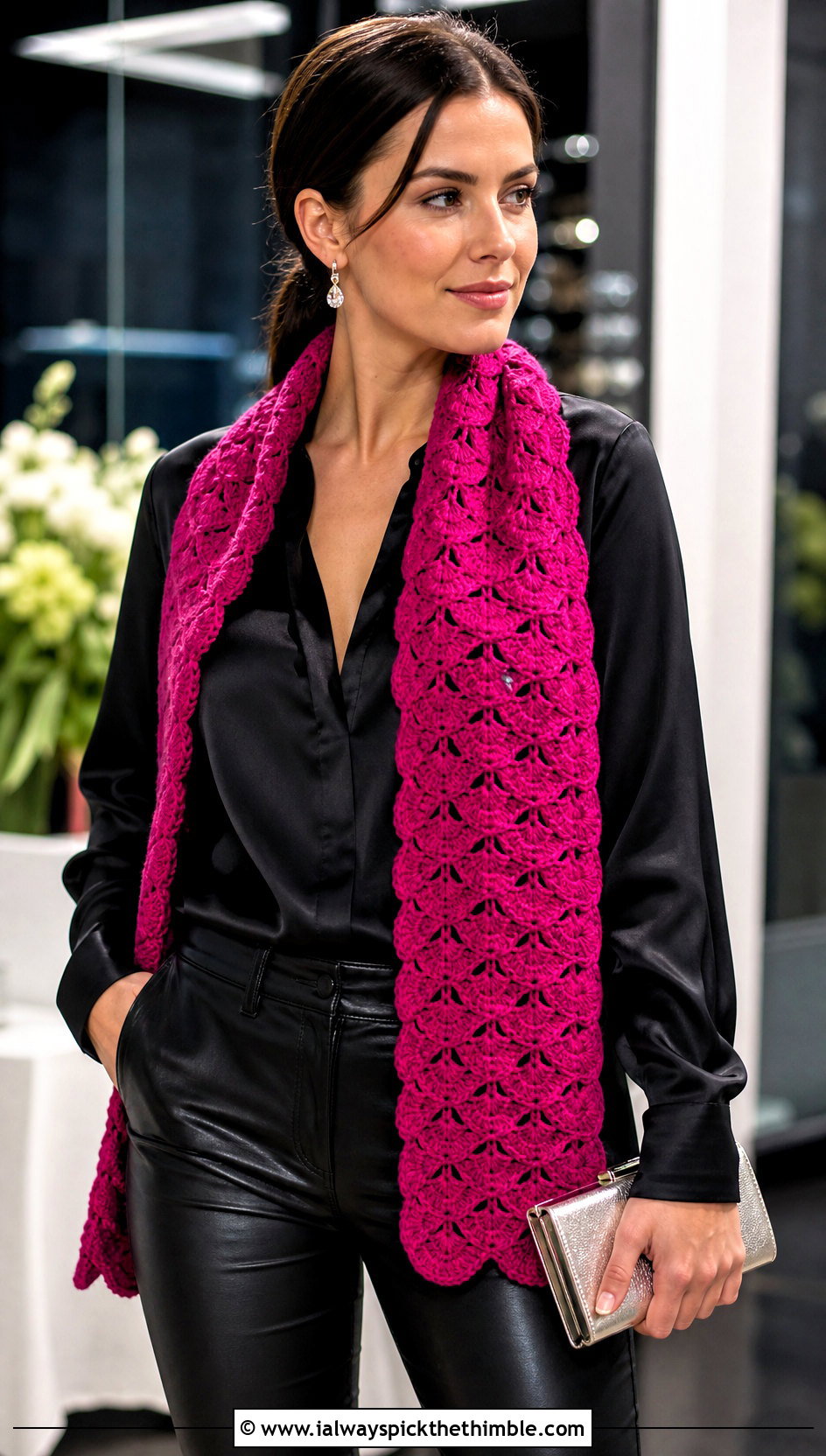 Shell Stitch One Ball Crochet Scarf With Satin Blouse And Leather Pants - 15 one ball crochet scarf outfit ideas