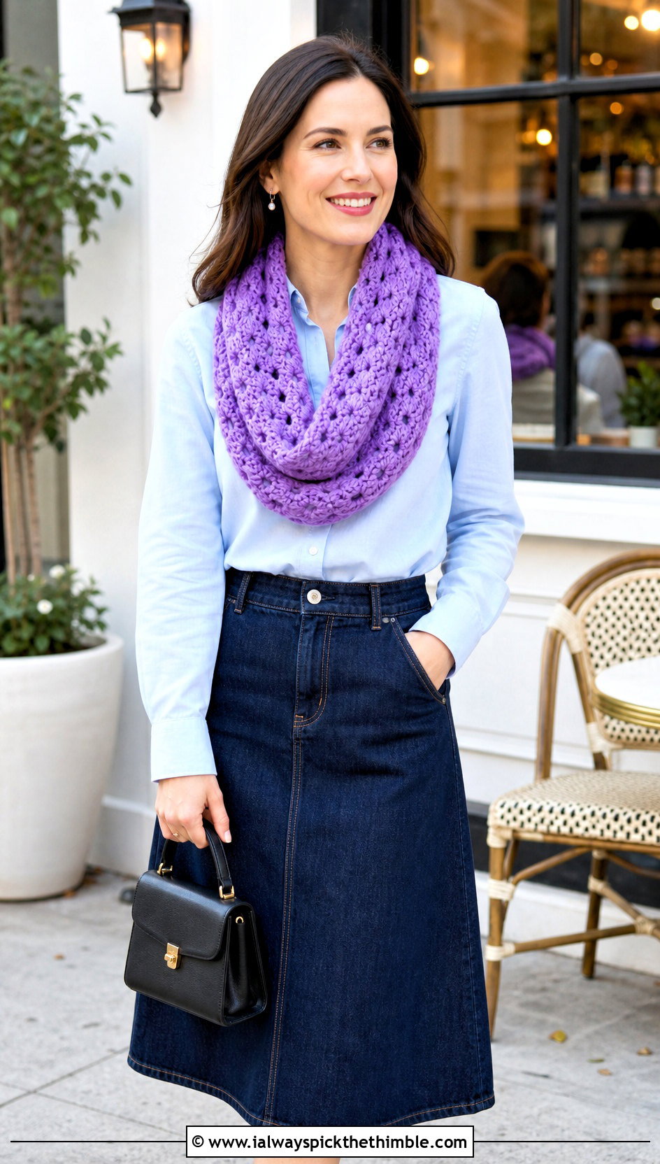 Shell Stitch One Skein Crochet Infinity Scarf With Midi Skirt - 15 One Skein Crochet Infinity Scarf outfit ideas