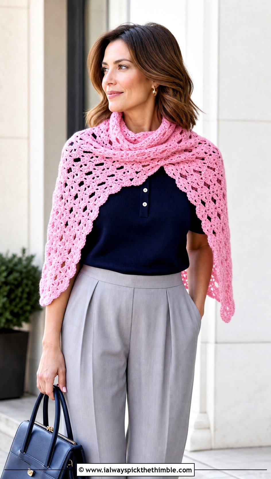 Shell Stitch Openwork Scarf With Knit Polo - 15 openwork crochet scarf outfit ideas