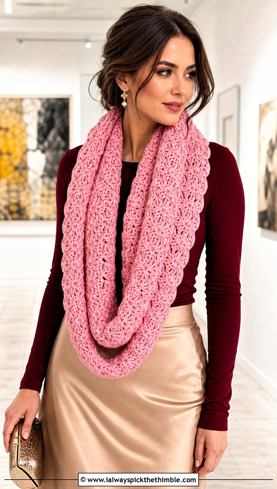Shell Stitch Oversized Crochet Infinity Scarf With Satin Skirt - 15 Oversized Crochet Infinity Scarf outfit ideas