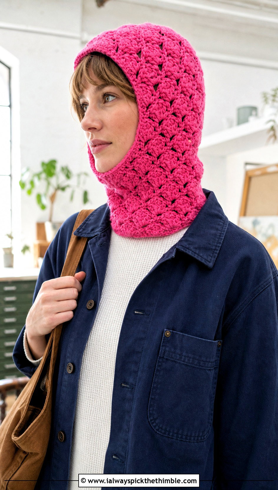 Shell Stitch Pink Crochet Balaclava With Chore Jacket - 20 Pink Crochet Balaclava outfit ideas