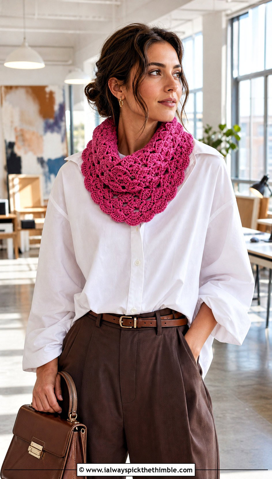 Shell Stitch Pink Crochet Cowl With White Shirt - 15 pink crochet cowl outfit ideas