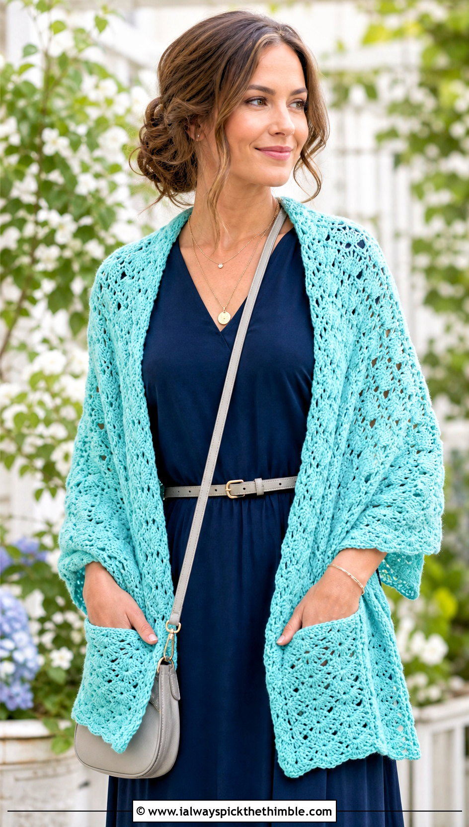 Shell Stitch Pocket Shawl With Maxi Dress - 20 Crochet Pocket Scarf Shawl outfit ideas