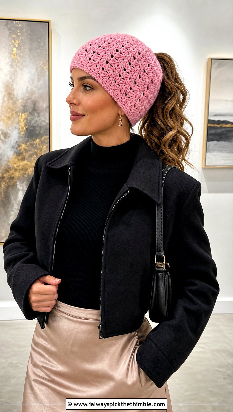 Shell Stitch Ponytail Crochet Beanie With Satin Skirt - 20 crochet beanie with ponytail hole outfit ideas