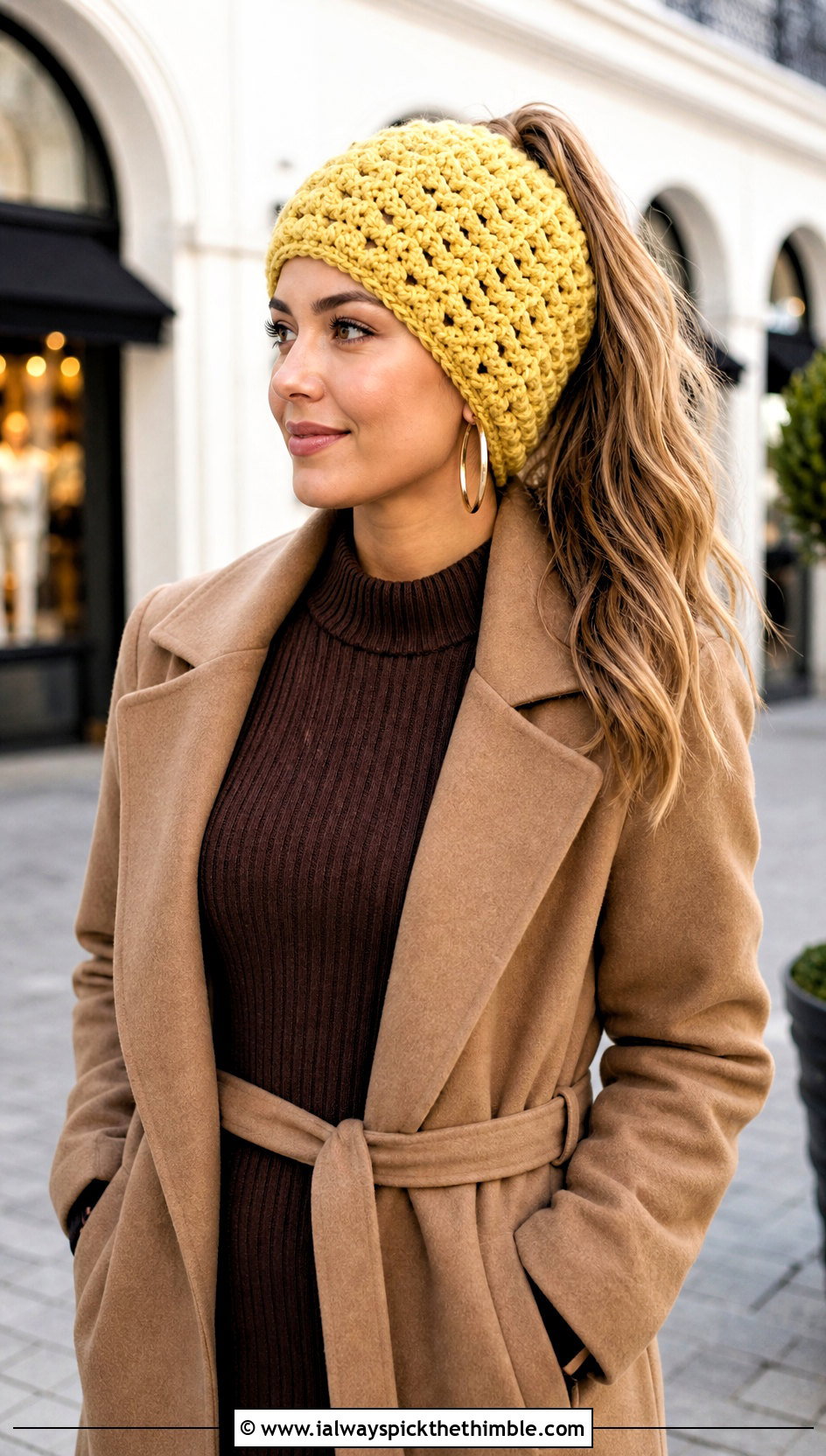 Shell Stitch Ponytail Crochet Hat With Sweater Dress - 20 ponytail crochet hat outfit ideas