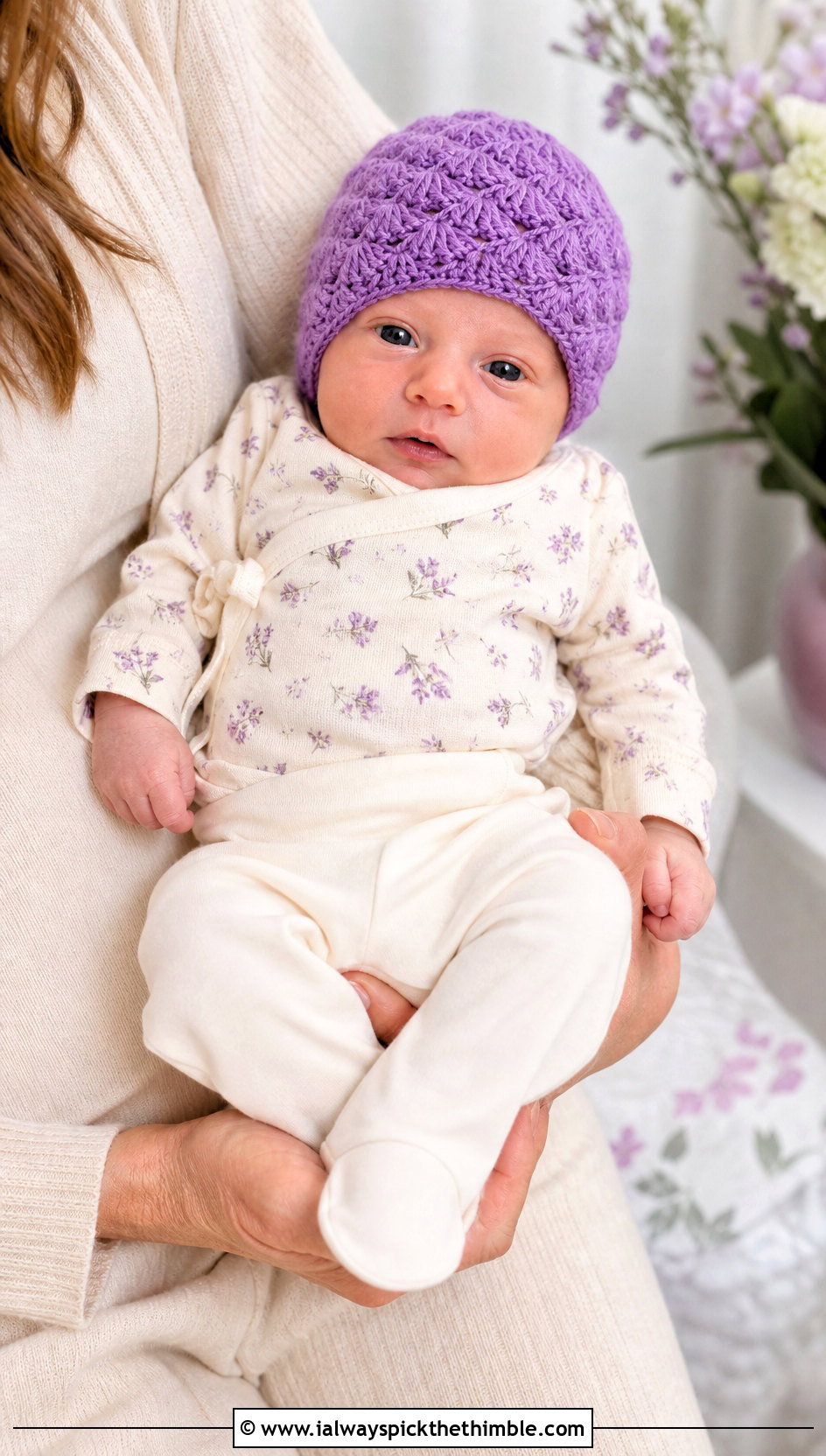 Shell Stitch Preemie Crochet Beanie With Floral Romper - 20 premie crochet beanie outfit ideas