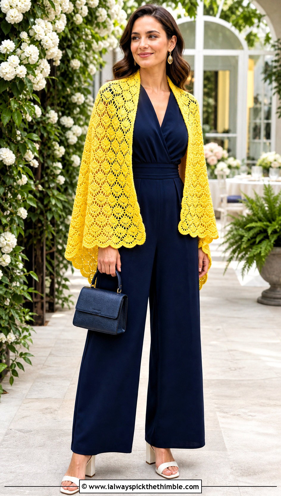 Shell Stitch Rectangle Crochet Shawl With Jumpsuit - 20 Easy Rectangle Crochet Shawl outfit ideas