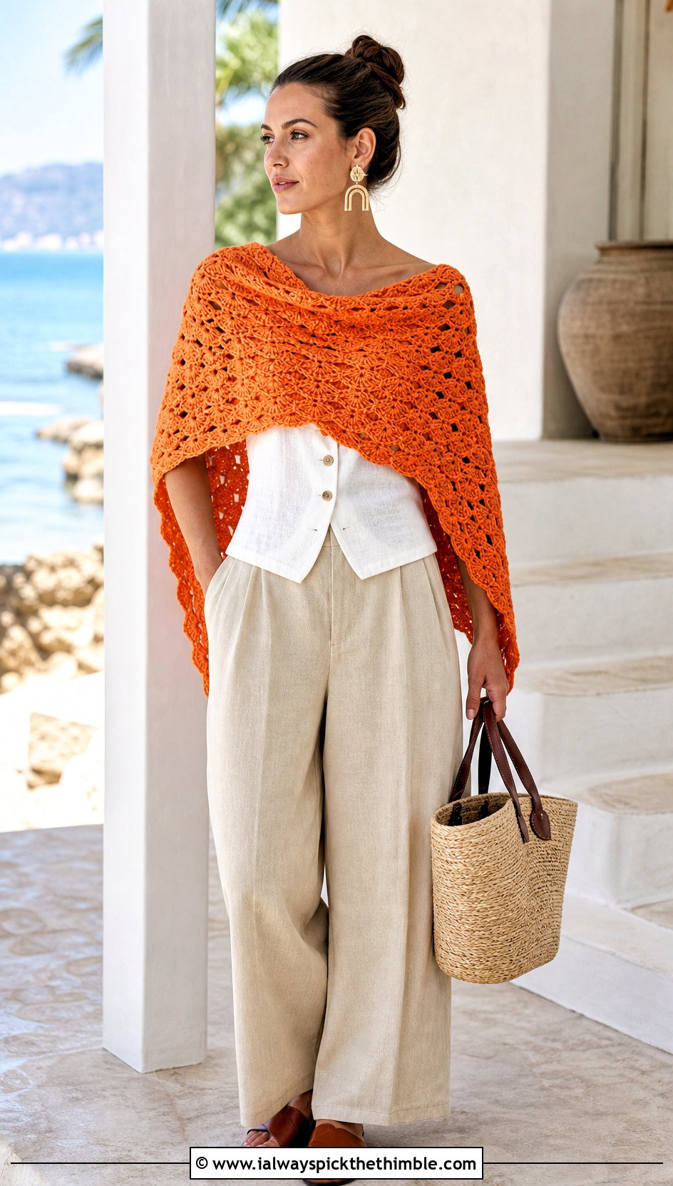 Shell Stitch Rectangle Crochet Shawl With Linen Set - 20 Light Weight Crochet Shawl outfit ideas