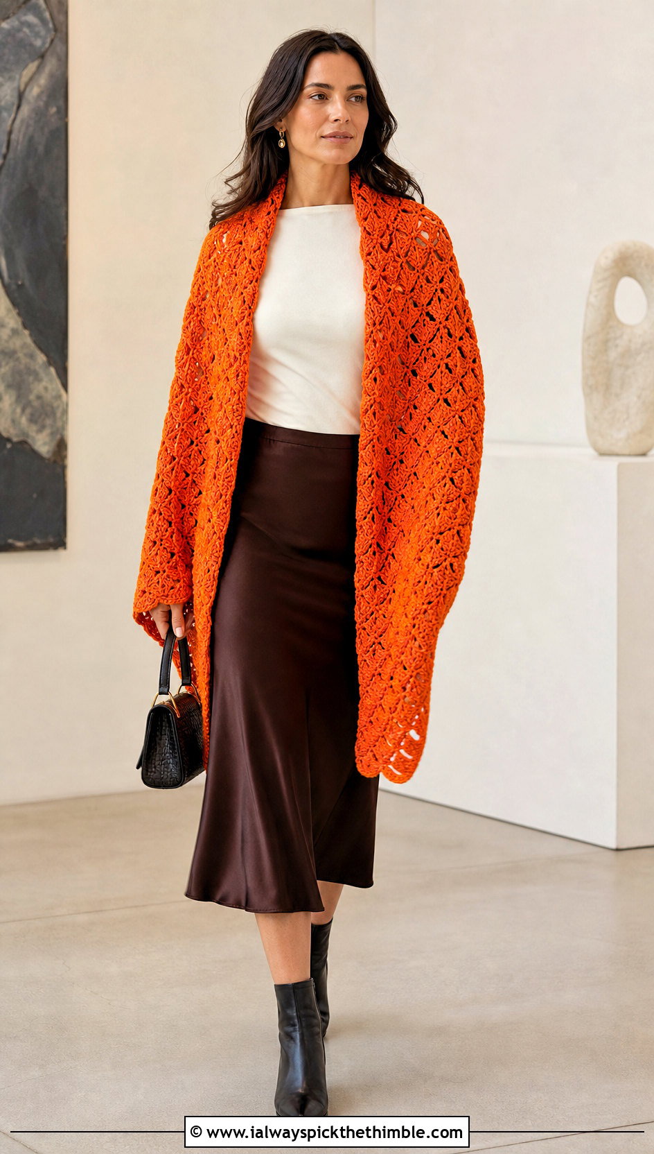 Shell Stitch Rectangle Crochet Shawl With Satin Skirt - 25 Crochet Rectangle Shawl outfit ideas