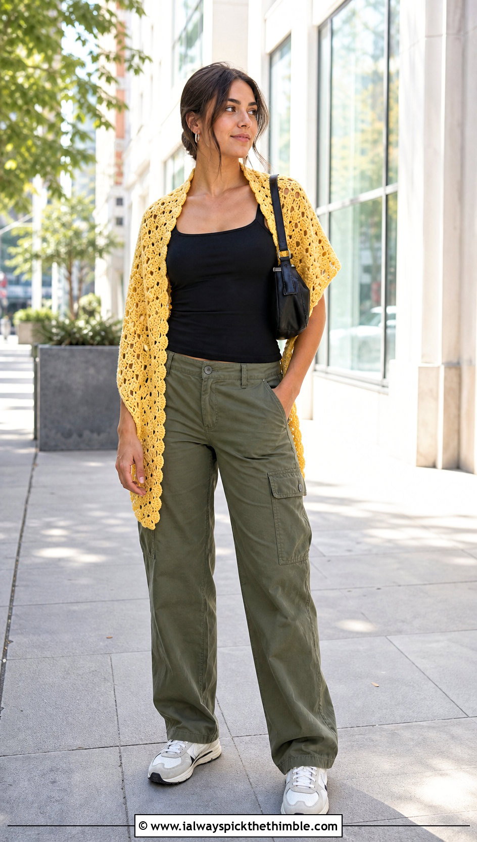 Shell Stitch Rectangle Crochet Wrap With Cargo Pants - 20 Rectangle Crochet Wrap outfit ideas