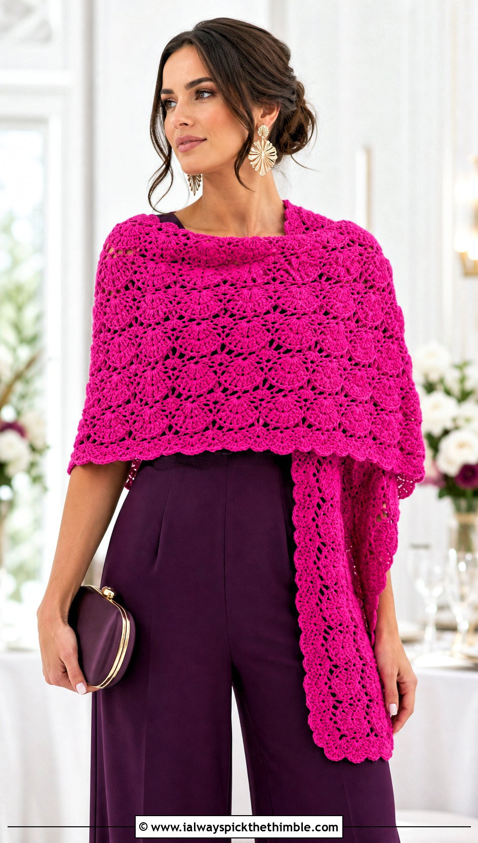Shell Stitch Rectangular Shawl With Wide Leg Jumpsuit - 20 crochet rectangular shawl outfit ideas