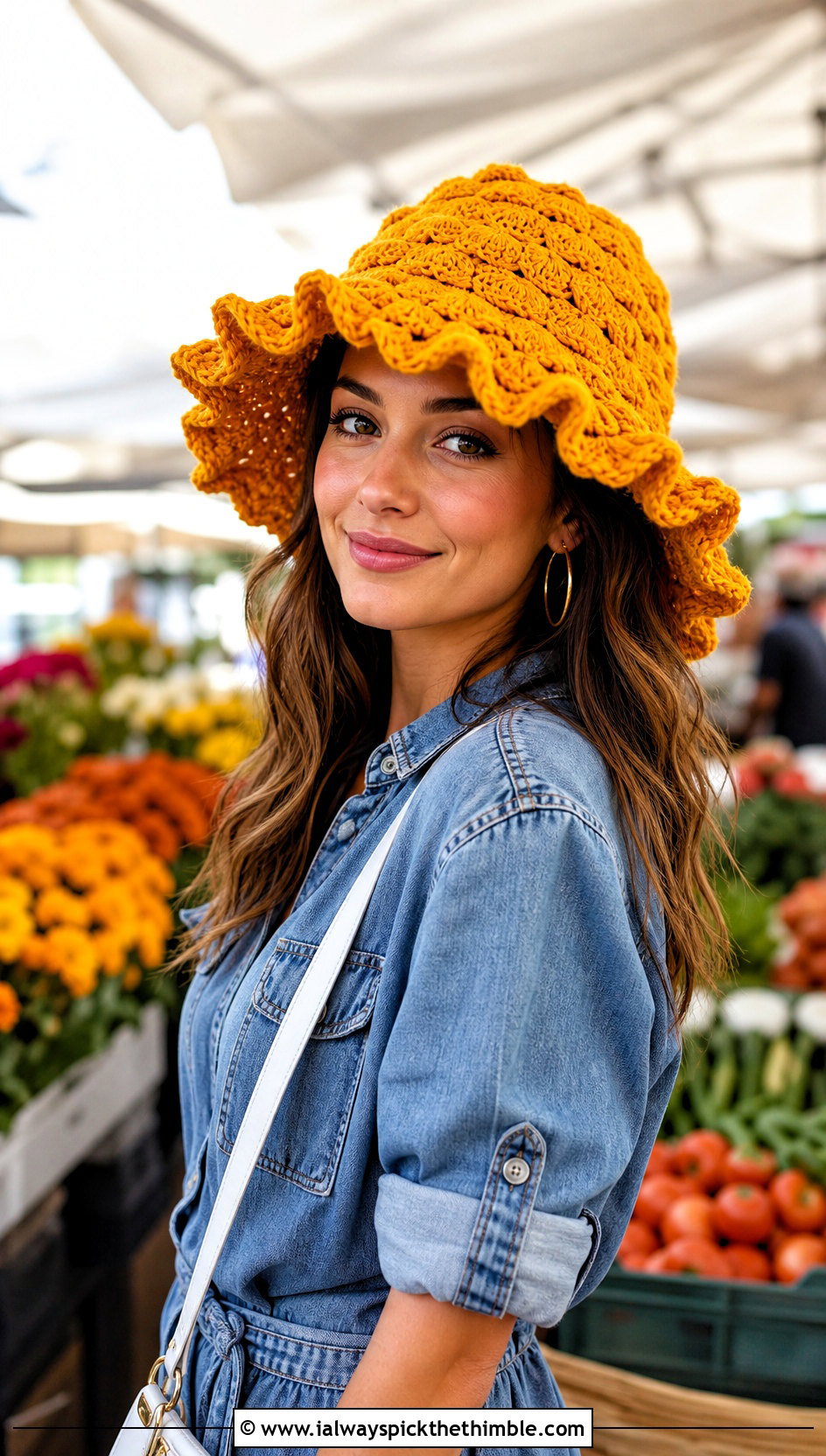 Shell Stitch Ruffle Crochet Hat With Denim Shirt Dress - 25 ruffled crochet hat outfit ideas