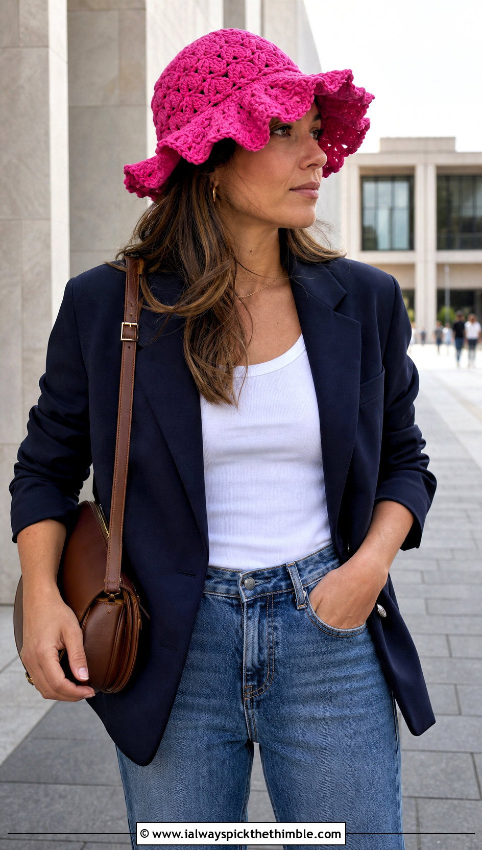 Shell Stitch Ruffle Hat With Blazer And Straight Jeans - 25 crochet ruffle hat outfit ideas