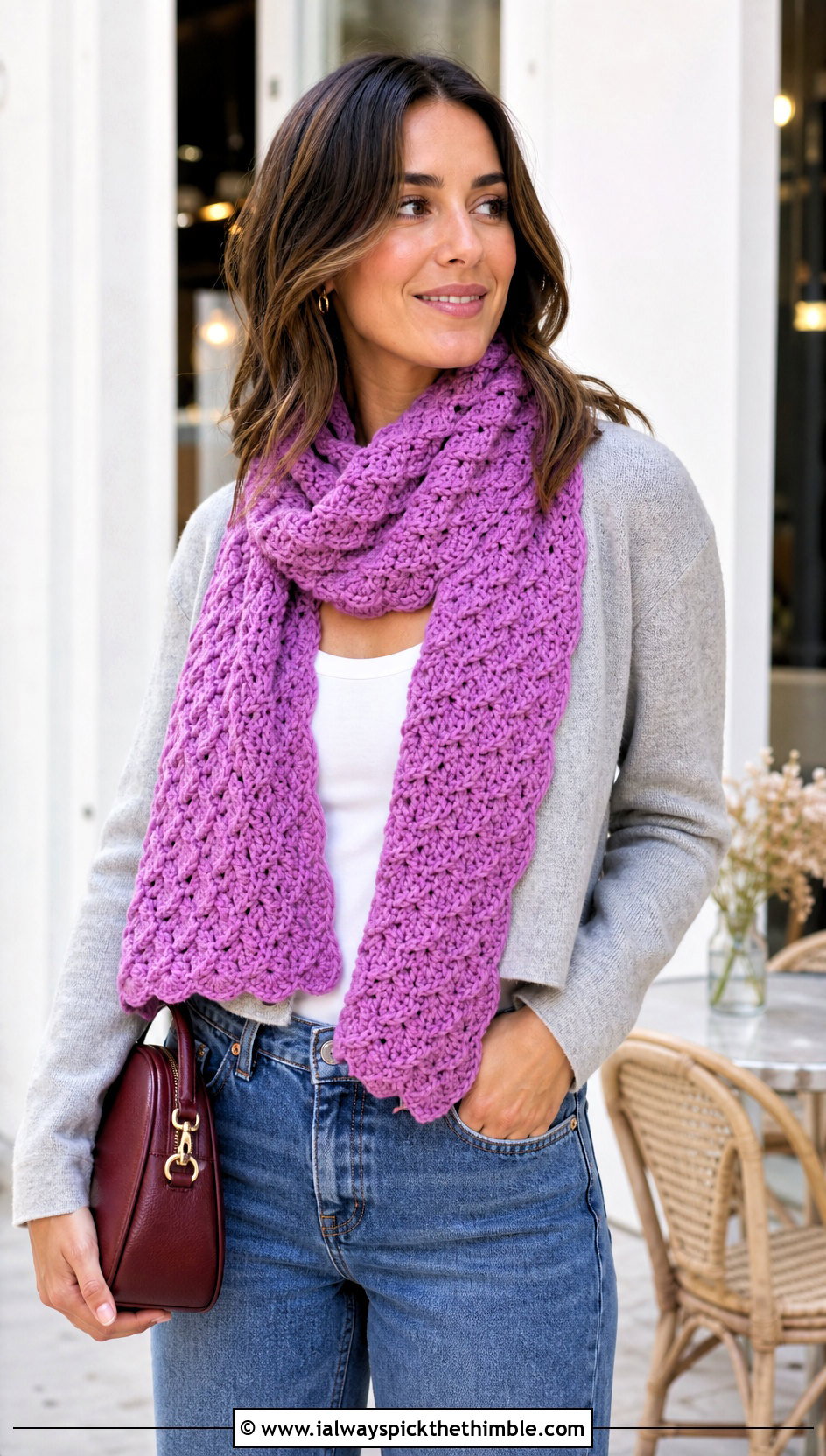Shell Stitch Scarf With Cardigan And Jeans - 25 crochet scarf ideas