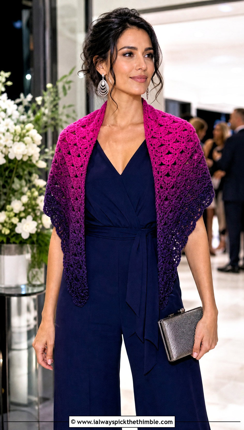 Shell Stitch Scarf With Evening Jumpsuit - 15 Scheepjes Whirl Crochet Scarf outfit ideas