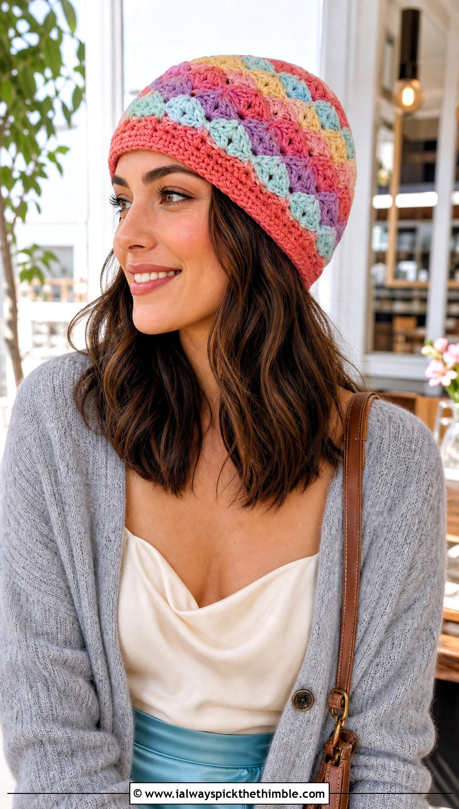 Shell Stitch Scrap Crochet Beanie With Cardigan And Slip Skirt - 25 crochet scrap beanie outfit ideas