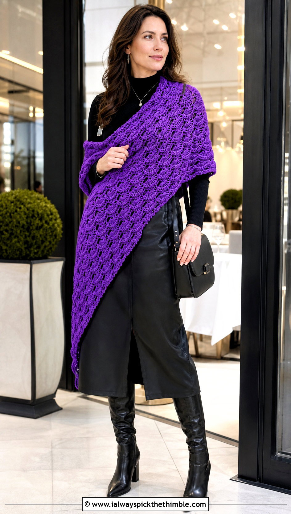 Shell Stitch Shawl With Leather Midi Skirt - 20 Vintage Crochet Shawl outfit ideas