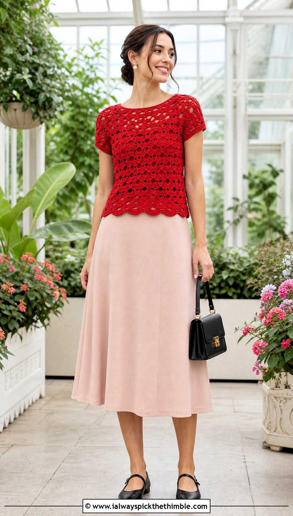 Shell Stitch Short Sleeve Crochet Top With A Line Skirt - 25 crochet sleeve top outfit ideas